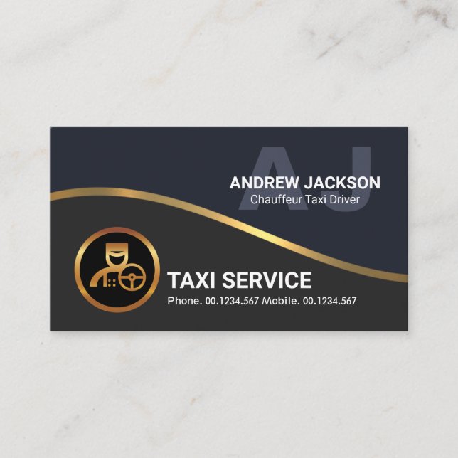Faux Gold Wave Monogram Initials Taxi Driver Business Card (Front)