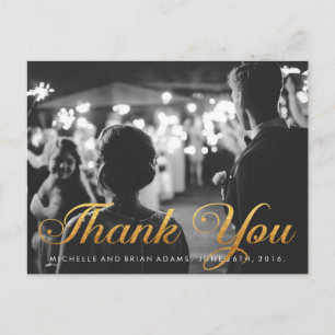 Faux Gold Wedding Photo Cursive Thank You Card