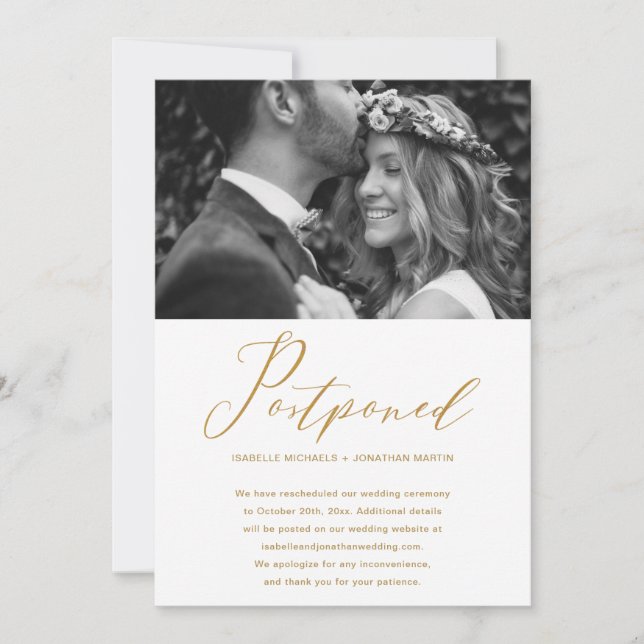 Faux Gold Wedding Postponement New Date Photo Announcement (Front)