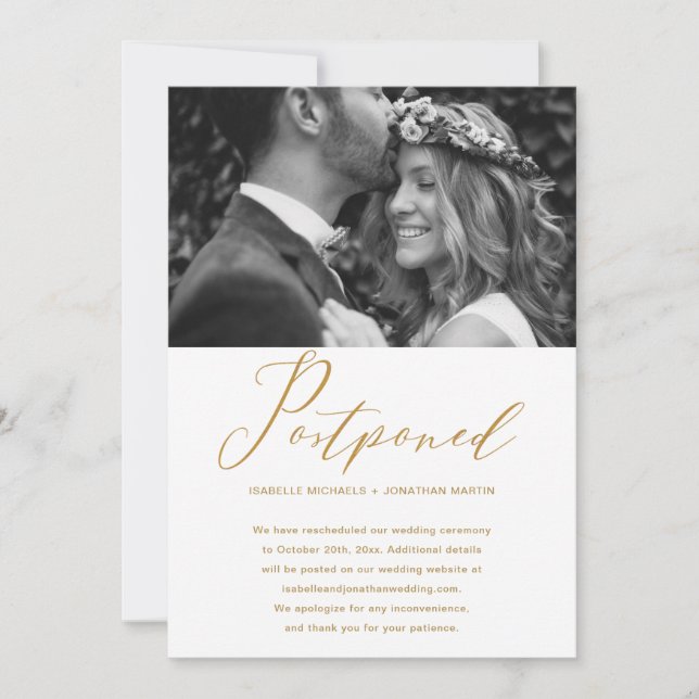 Faux Gold Wedding Postponement New Date Photo Announcement (Front)