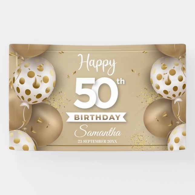 Faux gold white balloons birthday celebration banner (Horizontal)