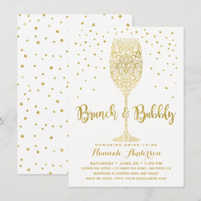 Faux Gold & White Brunch & Bubbly Bridal Shower Invitation (Front/Back)