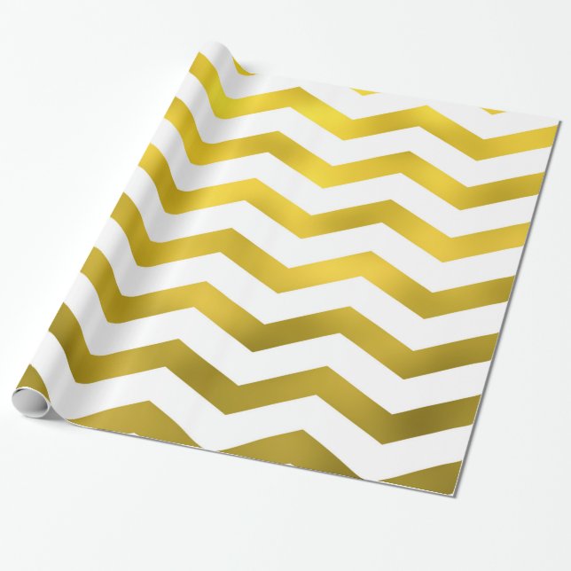 Faux Gold White Foil Chevron Zig Zag Striped Wrapping Paper (Unrolled)
