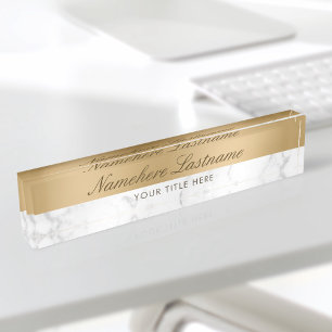 Faux Gold White Grey Marble Elegant Script Nameplate