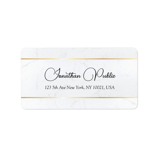 Faux Gold White Marble Typography Script Address Label (Front)