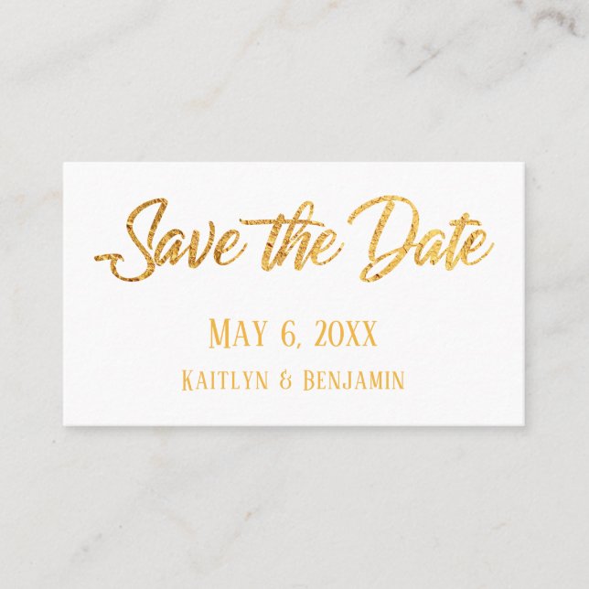 Faux Gold, White, Save the Date & Wedding Detail Business Card (Front)
