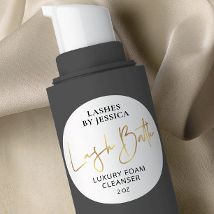 Faux Gold & White Script Logo Lash Bath Cleanser Classic Round Sticker