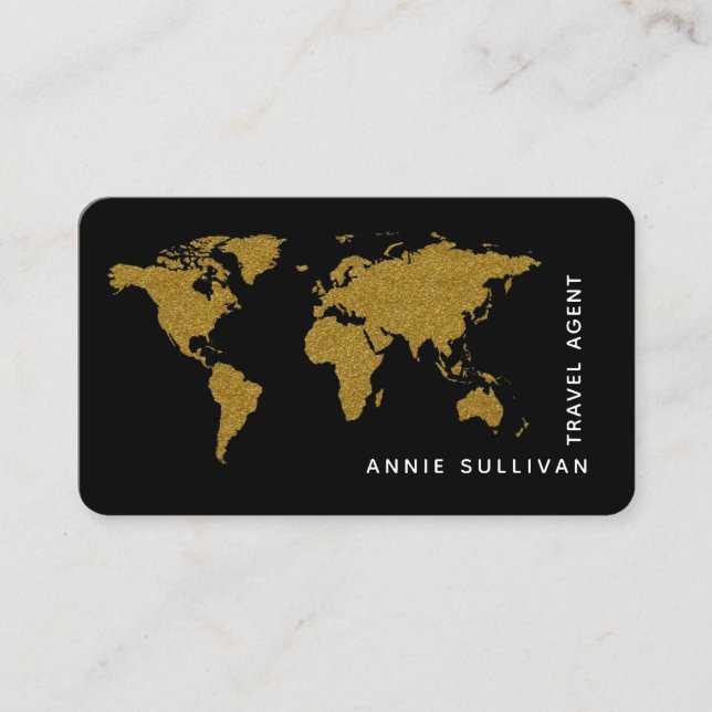 Faux Gold World Map Travel Agent black Business Card (Front)