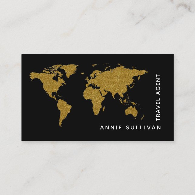 Faux Gold World Map Travel Agent black Business Card (Front)