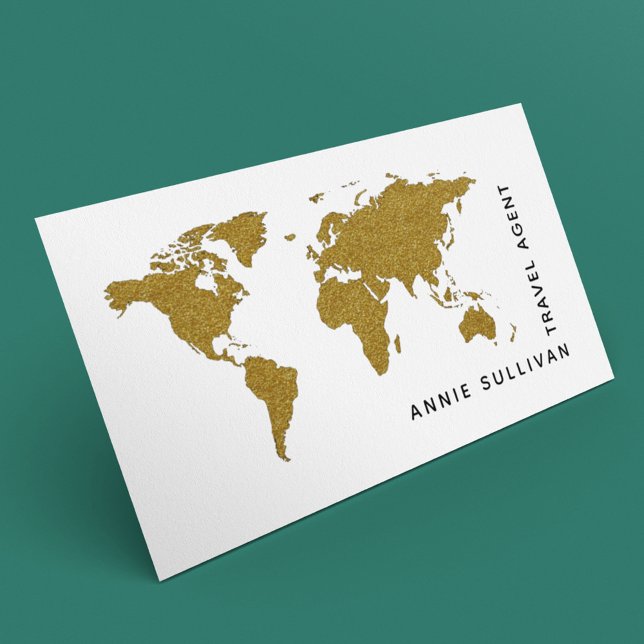 Faux Gold World Map Travel Agent (on white option) Business Card (faux gold world map)