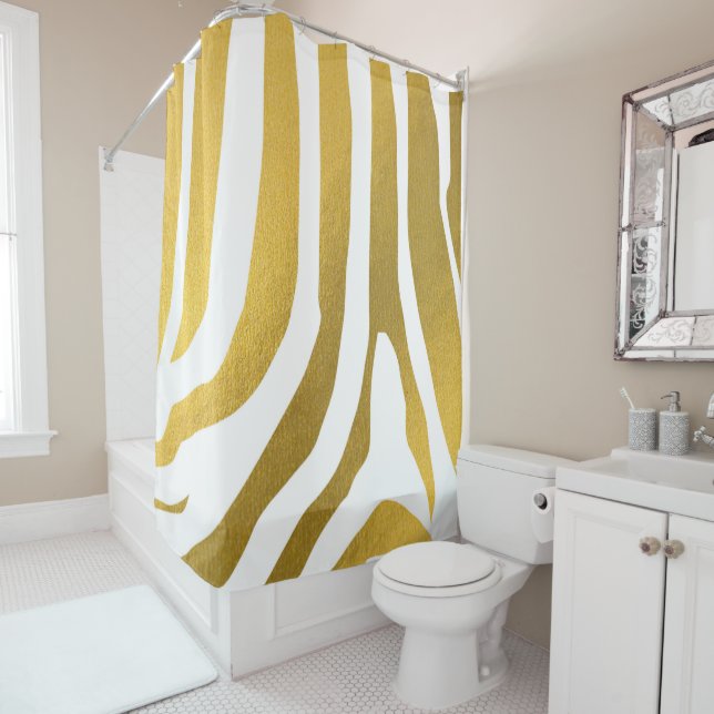 Faux Gold Zebra Print Stripes Pattern Shower Curtain (In Situ)