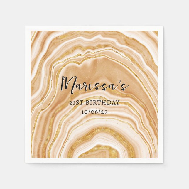 Faux Golden Agate 21st Birthday Napkin (Front)