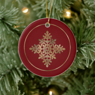 Faux Golden Foil Snowflake On Red (Not Real Foil) Ceramic Tree Decoration