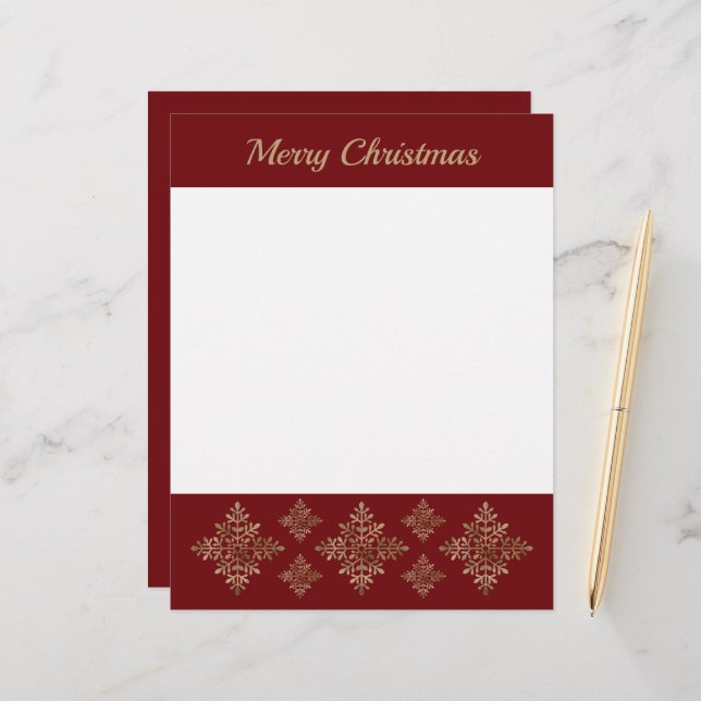 Faux Golden Foil Snowflakes On Red (Not Real Foil) Custom Letterhead (Front/Back In Situ)