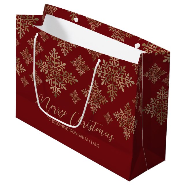 Faux Golden Foil Snowflakes On Red (Not Real Foil) Large Gift Bag (Front Angled)