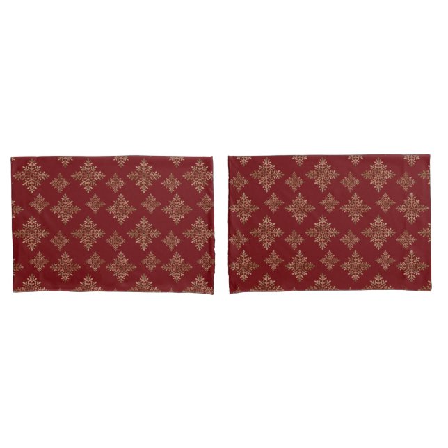 Faux Golden Foil Snowflakes On Red (Not Real Foil) Pillowcase (Front-Set)