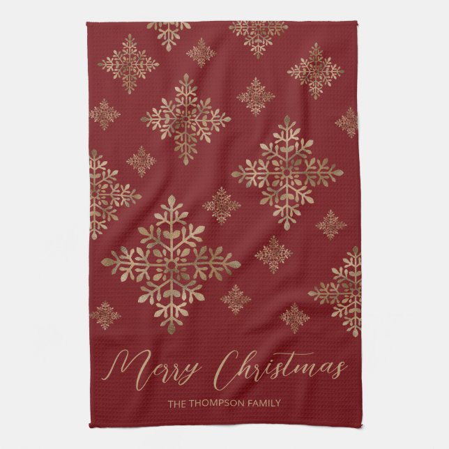 Faux Golden Foil Snowflakes On Red (Not Real Foil) Tea Towel (Vertical)