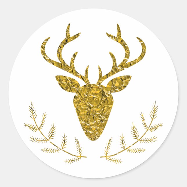 Faux Golden Foil Textured Christmas Deer Head Classic Round Sticker (Front)