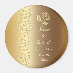 Faux Golden Wedding Hearts and Rose  Save the Date Magnet