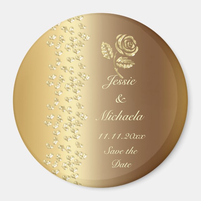 Faux Golden Wedding Hearts and Rose  Save the Date Magnet (Front)
