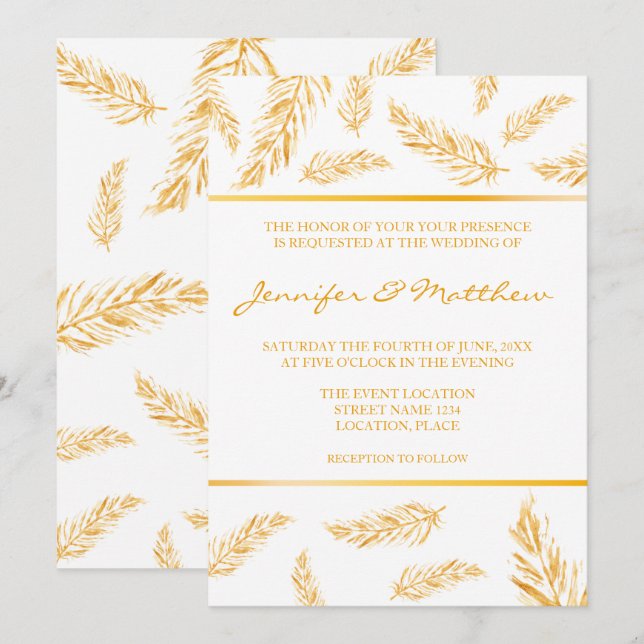 Faux Golden Yellow Colour Feathers Elegant Wedding Invitation (Front/Back)