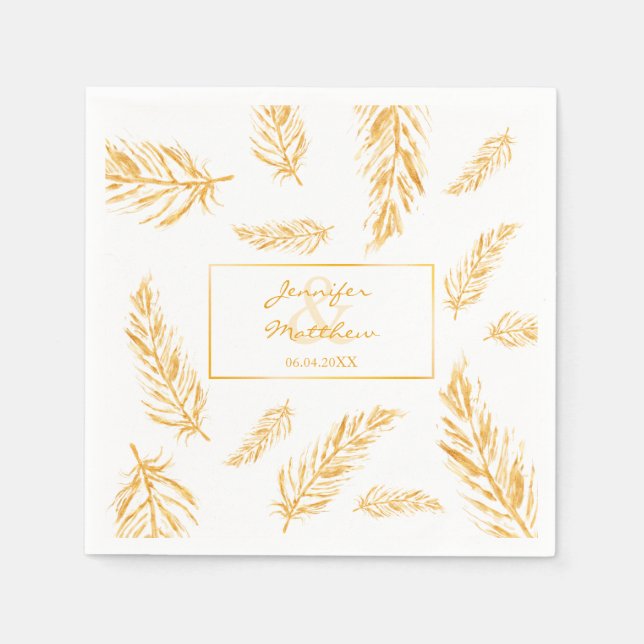 Faux Golden Yellow Feathers & Wedding Couple Names Napkin (Front)