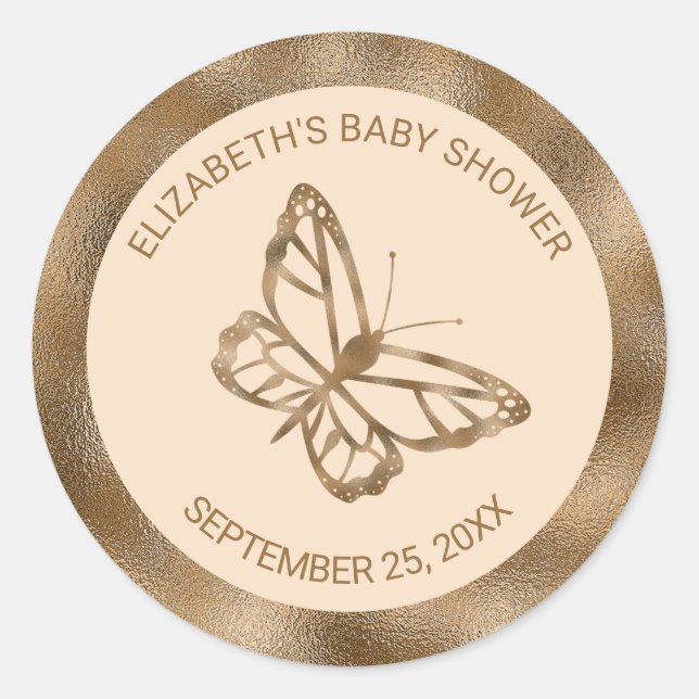 Faux Golden Yellow Foil Look-like Butterfly & Text Classic Round Sticker (Front)