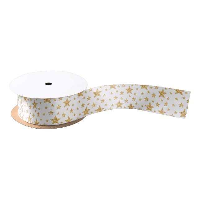 Faux Golden Yellow Glitter Look-like Stars Pattern Satin Ribbon (Spool)
