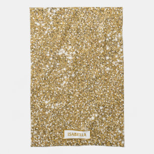 Faux Golden Yellow Glitter Texture Look & Name Tea Towel
