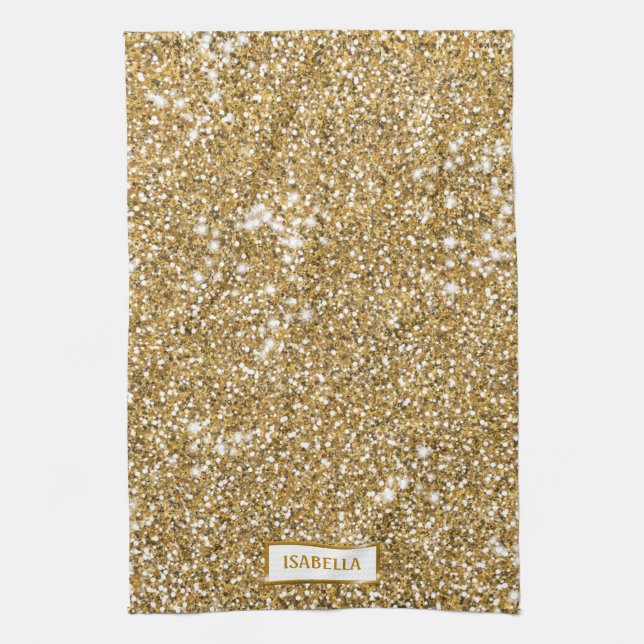Faux Golden Yellow Glitter Texture Look & Name Tea Towel (Vertical)