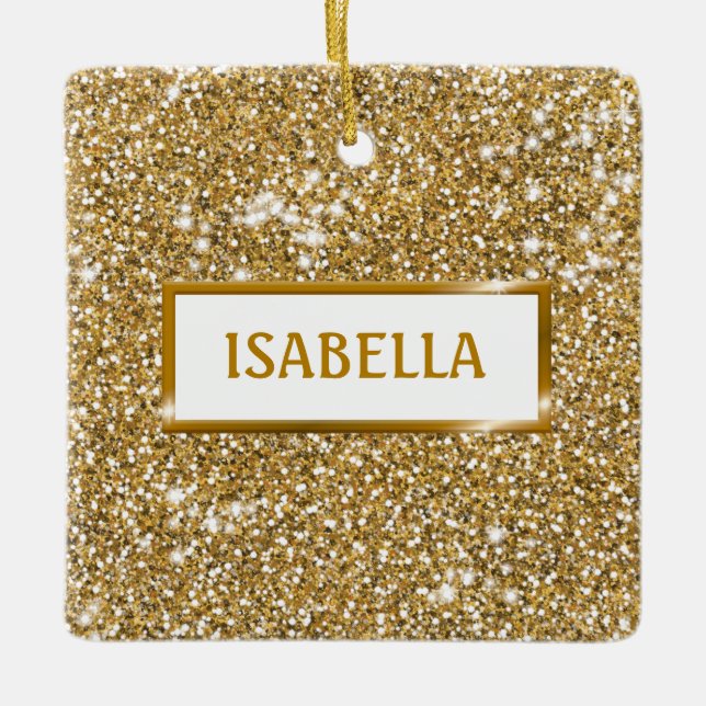 Faux Golden Yellow Glitter Texture Look With Name Ceramic Ornament (Front)