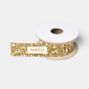 Faux Golden Yellow Glitter Texture Look With Text Satin Ribbon