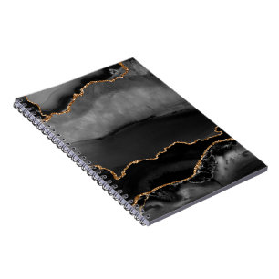 Faux Gray Marbled Agate Golden Glitter Black Stone Notebook