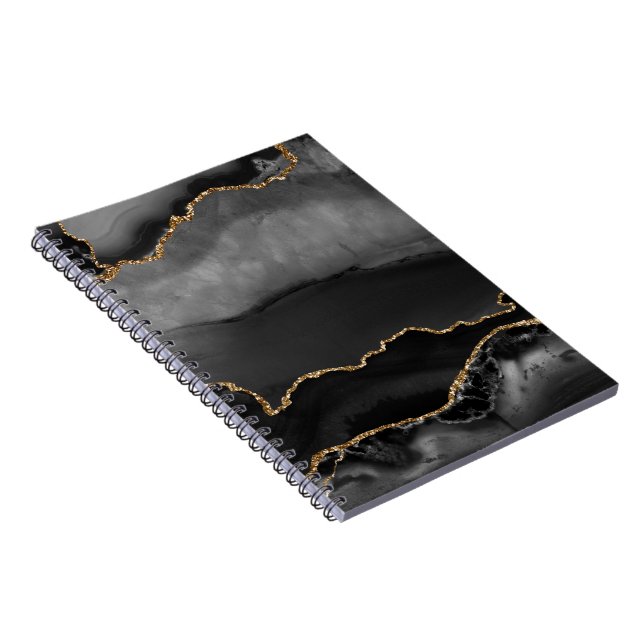 Faux Gray Marbled Agate Golden Glitter Black Stone Notebook (Right Side)