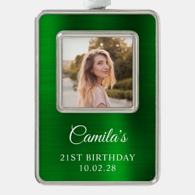 Faux Green Foil 21st Birthday Photo Silver Plated Framed Ornament (Front)