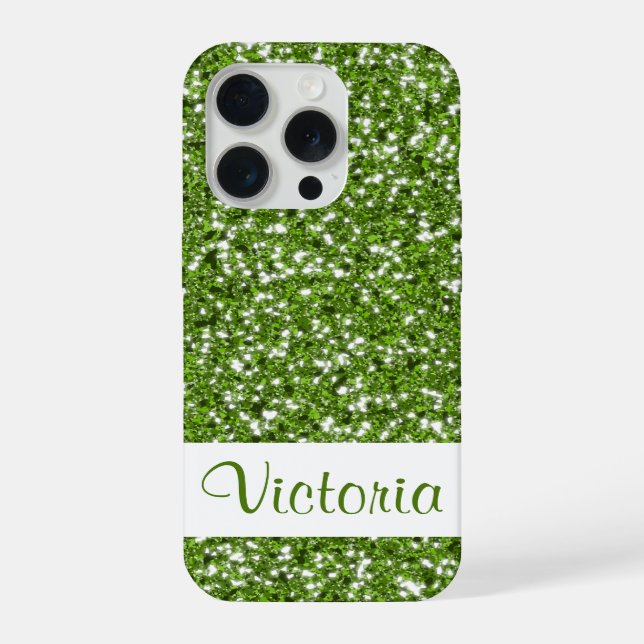 Faux Green Glitter Pattern Look-like With Name iPhone Case (Back)
