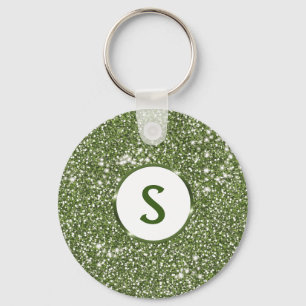 Faux Green Glitter Texture And Custom Monogram Key Ring