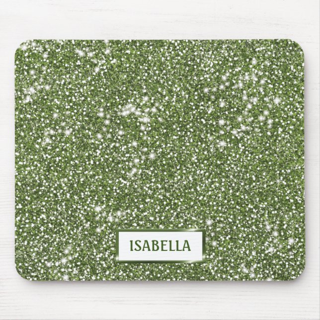 Faux Green Glitter Texture Look With Custom Name Mouse Mat (Front)