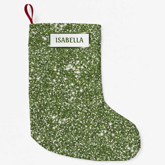 Faux Green Glitter Texture Look With Custom Name Small Christmas Stocking (Front)