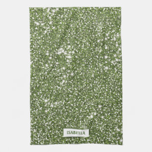 Faux Green Glitter Texture Look With Custom Name Tea Towel
