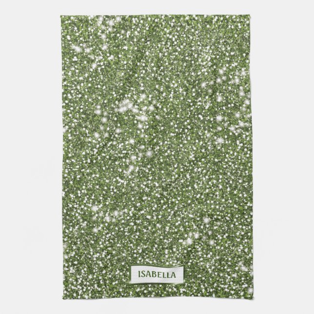 Faux Green Glitter Texture Look With Custom Name Tea Towel (Vertical)