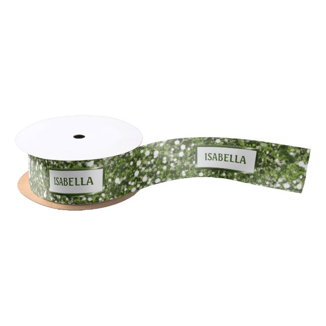 Faux Green Glitter Texture Look With Custom Text Satin Ribbon (Spool)