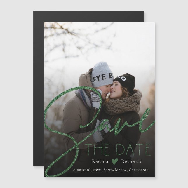 Faux Green Glitter Wedding Photo Save The Date Magnetic Invitation (Front/Back)