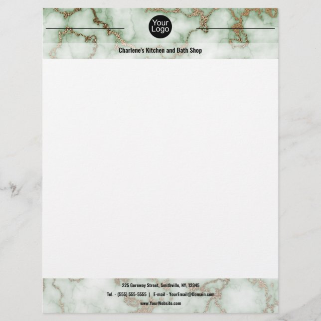 Faux Green Gold Marble Custom Letterhead (Front)