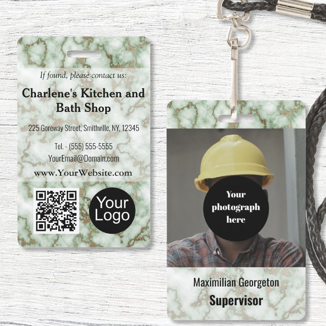 Faux Green Gold Marble ID ID Badge (Faux Green Gold Marble ID Badge by Office Accessories Shop)