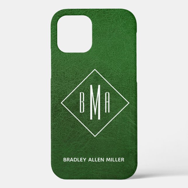 Faux Green Leather White Monogram Personalised Case-Mate iPhone Case (Back)