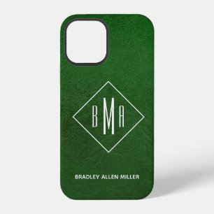 Faux Green Leather White Monogram Personalised iPhone 12 Case