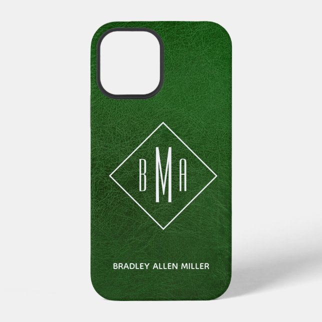 Faux Green Leather White Monogram Personalised iPhone Case (Back)