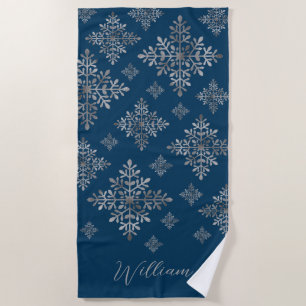 Faux Grey Foil Snowflakes On Blue (Not Real Foil) Beach Towel