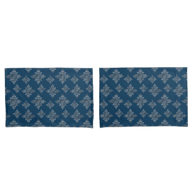 Faux Grey Foil Snowflakes On Blue (Not Real Foil) Pillowcase (Front-Set)